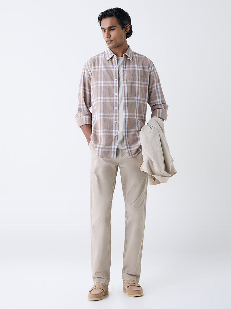 WES Casuals Taupe Checkered Relaxed-Fit Cotton Shirt