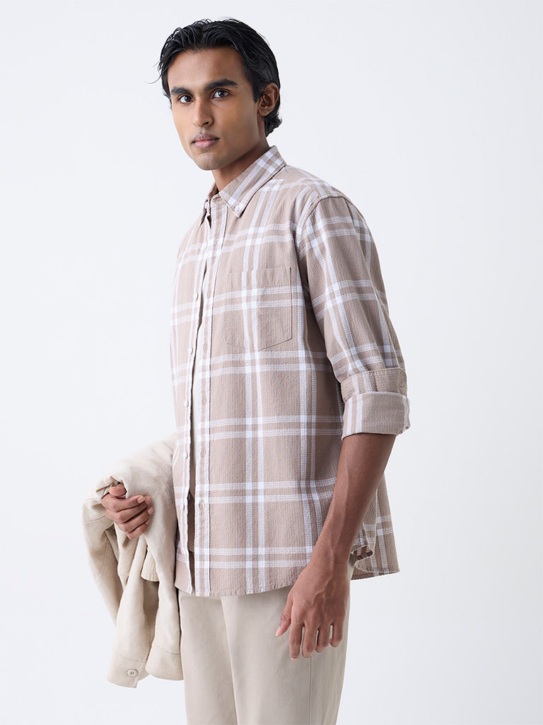 WES Casuals Taupe Checkered Relaxed-Fit Cotton Shirt