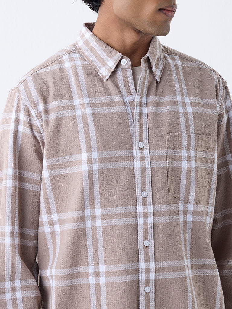 WES Casuals Taupe Checkered Relaxed-Fit Cotton Shirt