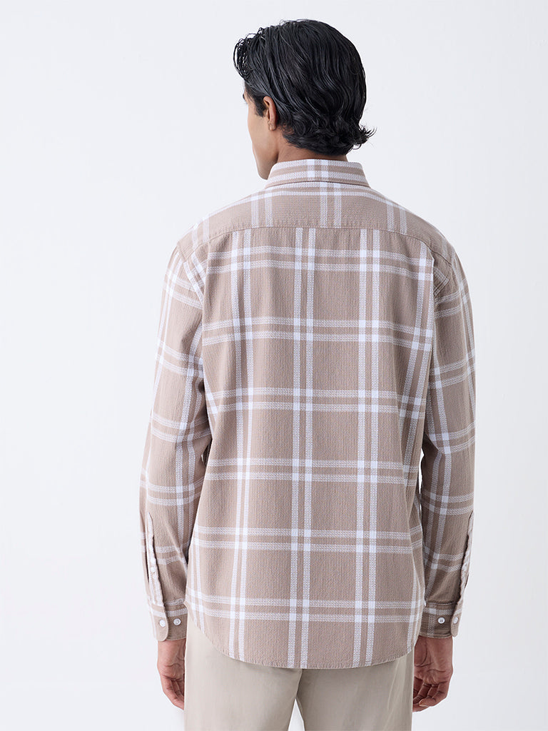 WES Casuals Taupe Checkered Relaxed-Fit Cotton Shirt