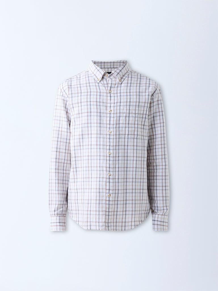 WES Casuals Beige Checks Relaxed-Fit Cotton-Blend Shirt