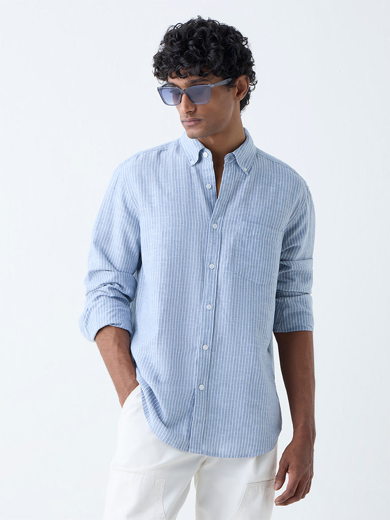 WES Casuals Blue Pinstriped Relaxed-Fit Cotton-Blend Shirt