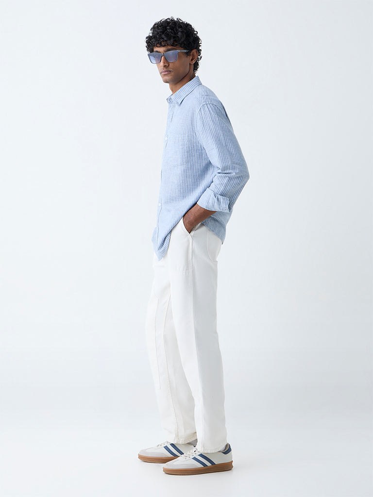 WES Casuals Blue Pinstriped Relaxed-Fit Cotton-Blend Shirt