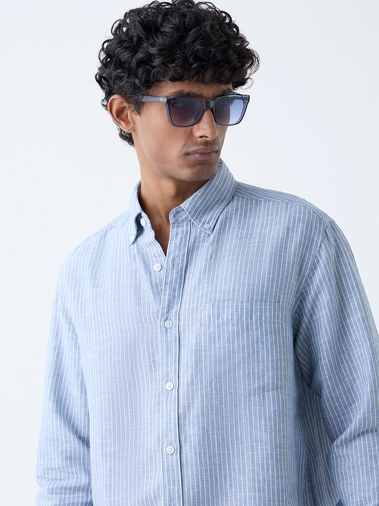 WES Casuals Blue Pinstriped Relaxed-Fit Cotton-Blend Shirt