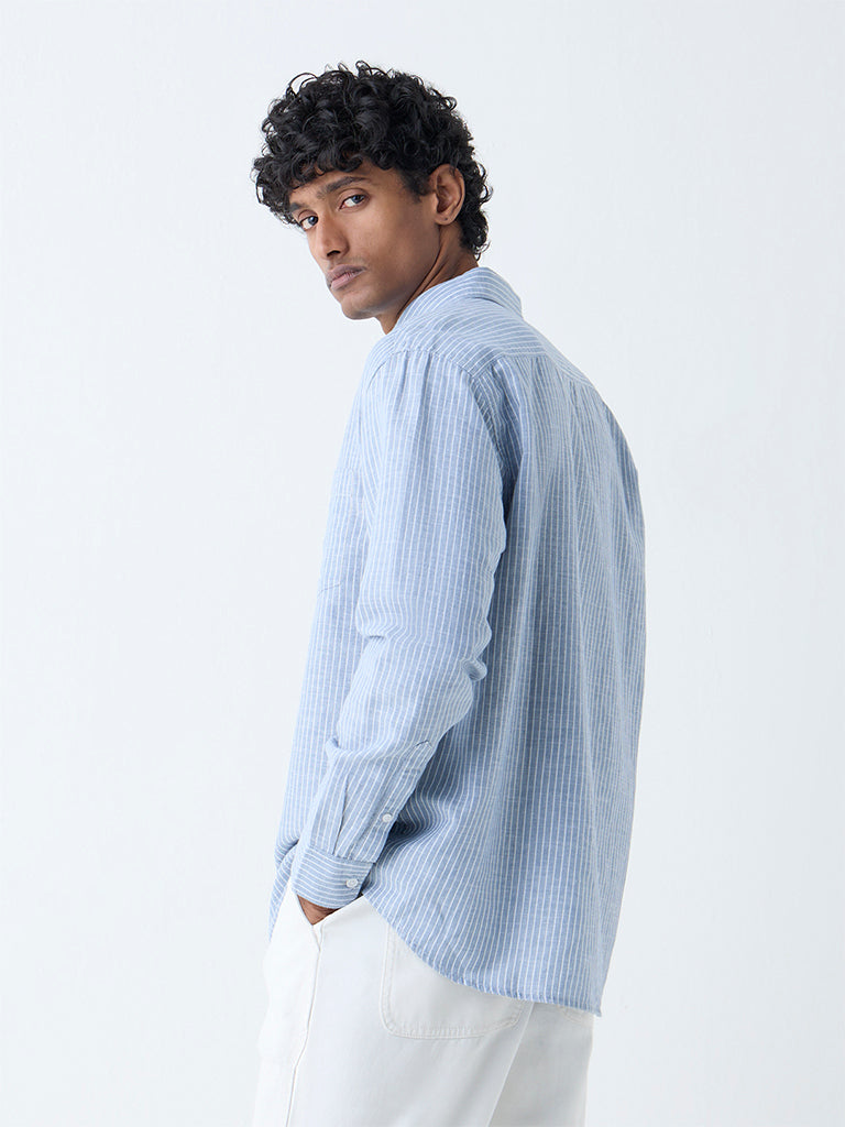WES Casuals Blue Pinstriped Relaxed-Fit Cotton-Blend Shirt