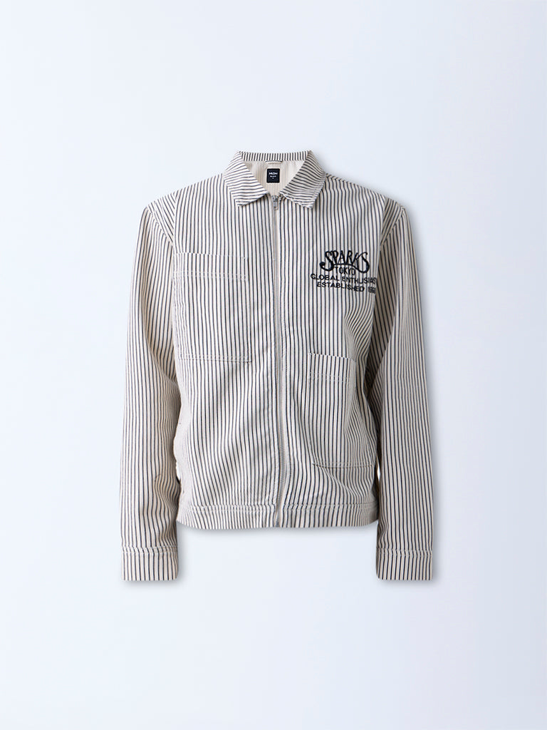 Nuon Beige Striped Relaxed-Fit Cotton Jacket