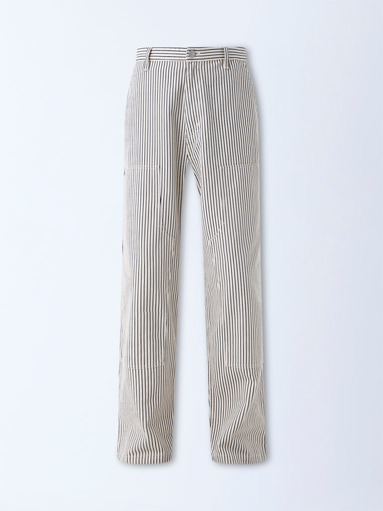 Nuon Beige Striped Loose-Fit Mid-Rise Cotton Pants