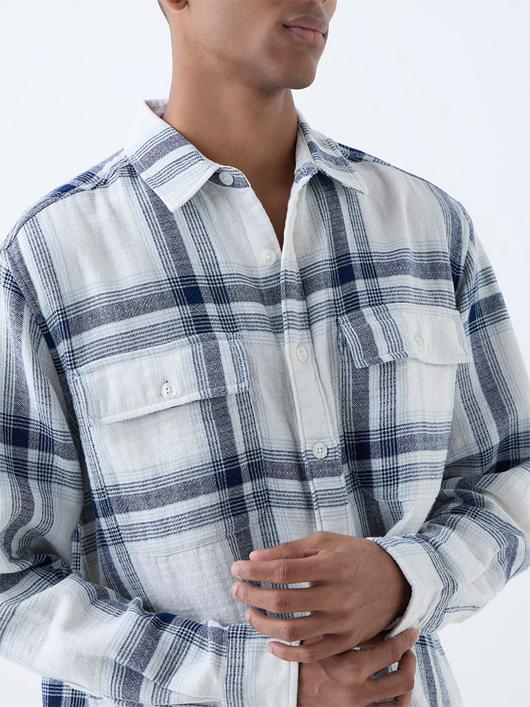 Nuon Blue Checkered Relaxed-Fit Cotton Shirt
