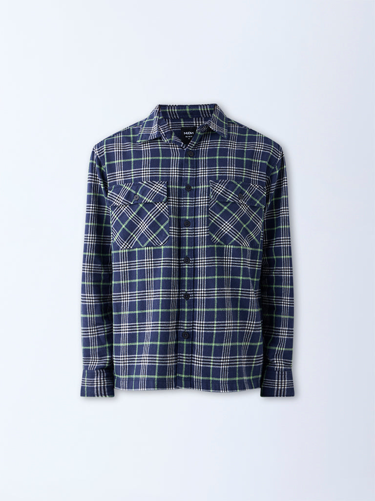 Nuon Navy Checkered Relaxed-Fit Cotton Shirt