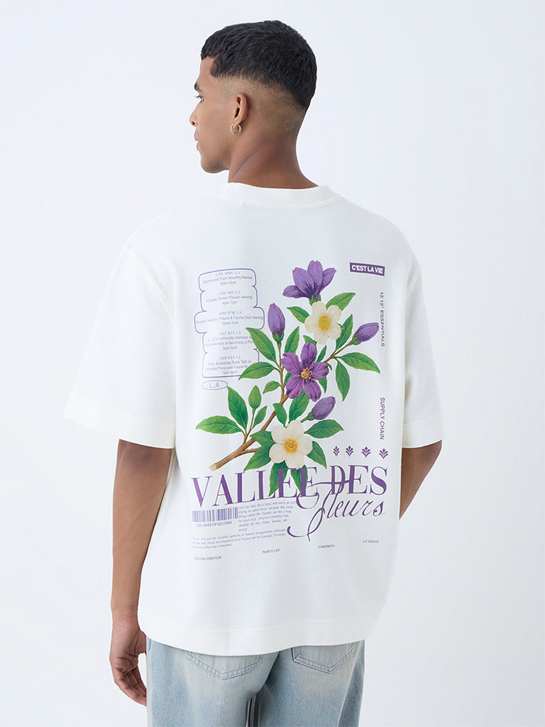 Nuon Off-White Floral Pattern Relaxed-Fit Cotton T-Shirt