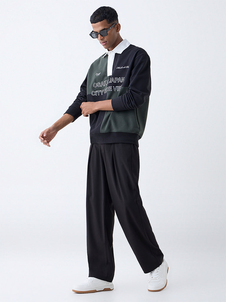 Nuon Olive Text Embroidered Relaxed-Fit T-Shirt