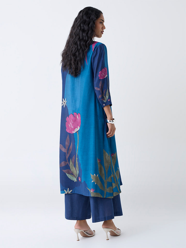 Utsa Indigo Floral Printed A-Line Kurta