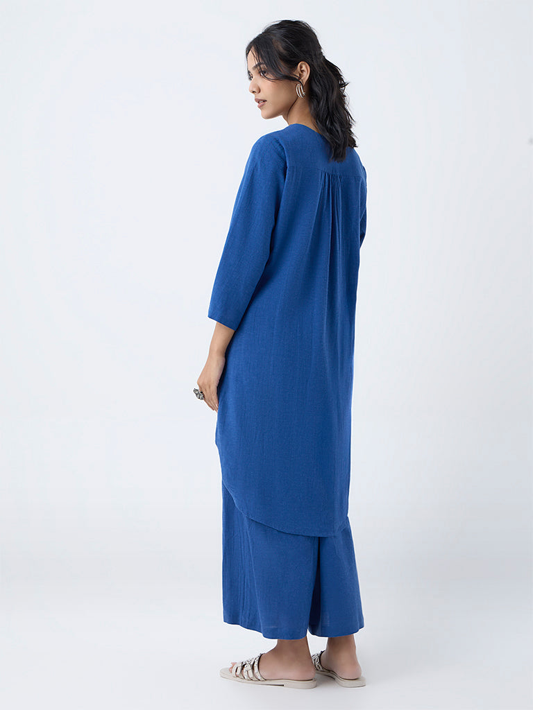 Utsa Blue Embroidered Denim High-Low Kurta