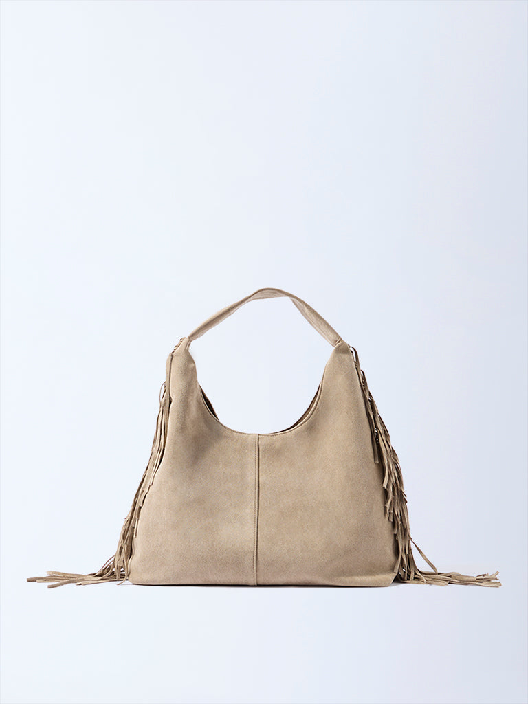 Buy Westside Khaki Fringe Detailed Shoulder Bag from Westside