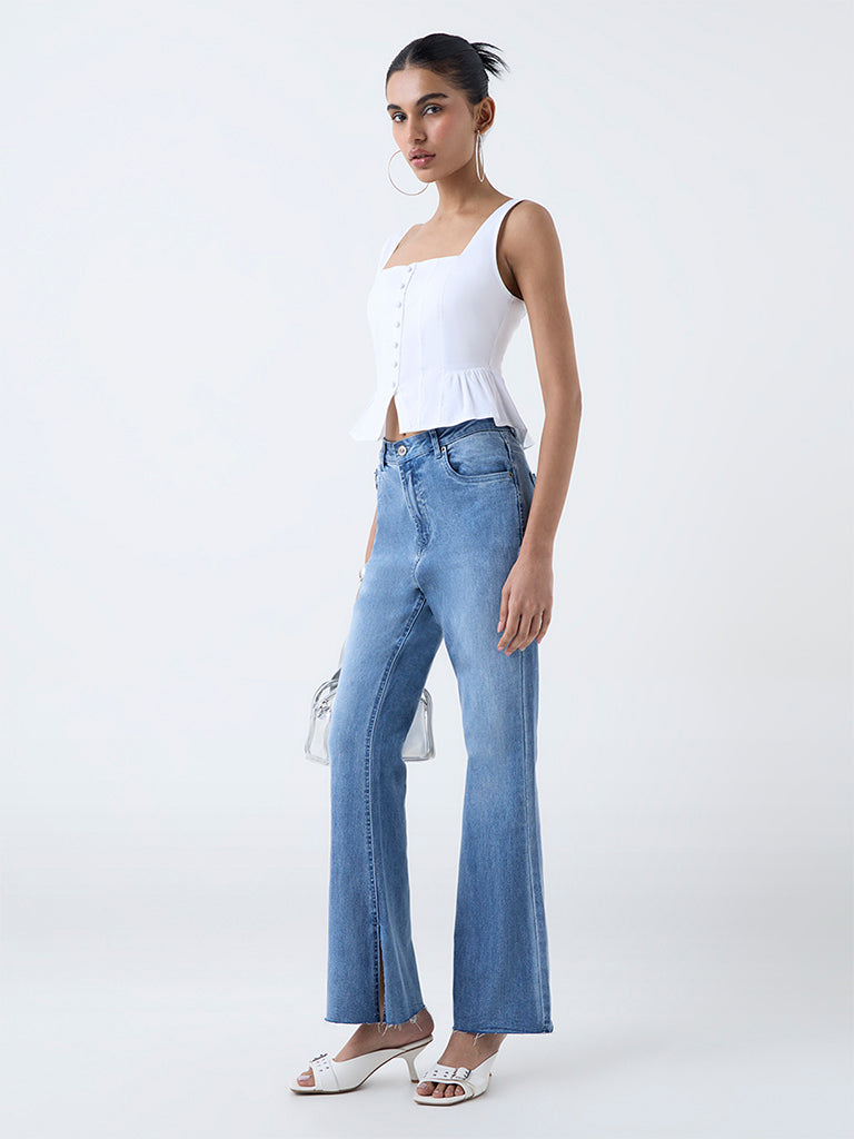 Nuon White Solid Cotton-Blend Top