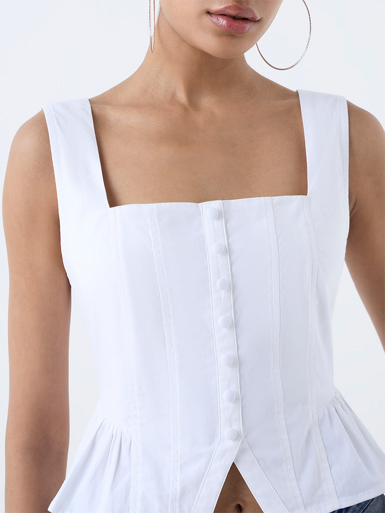 Nuon White Solid Cotton-Blend Top