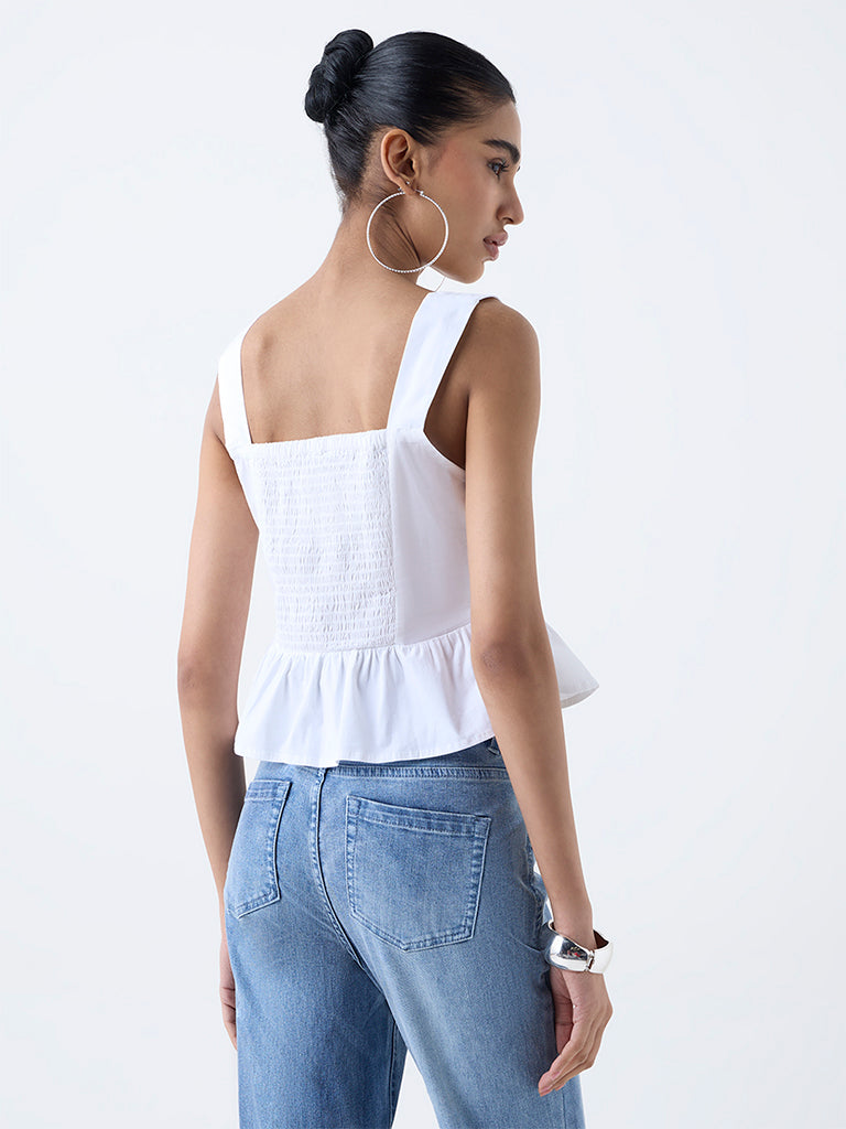 Nuon White Solid Cotton-Blend Top