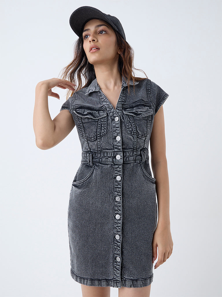 Nuon Grey Denim Straight Dress with Belt