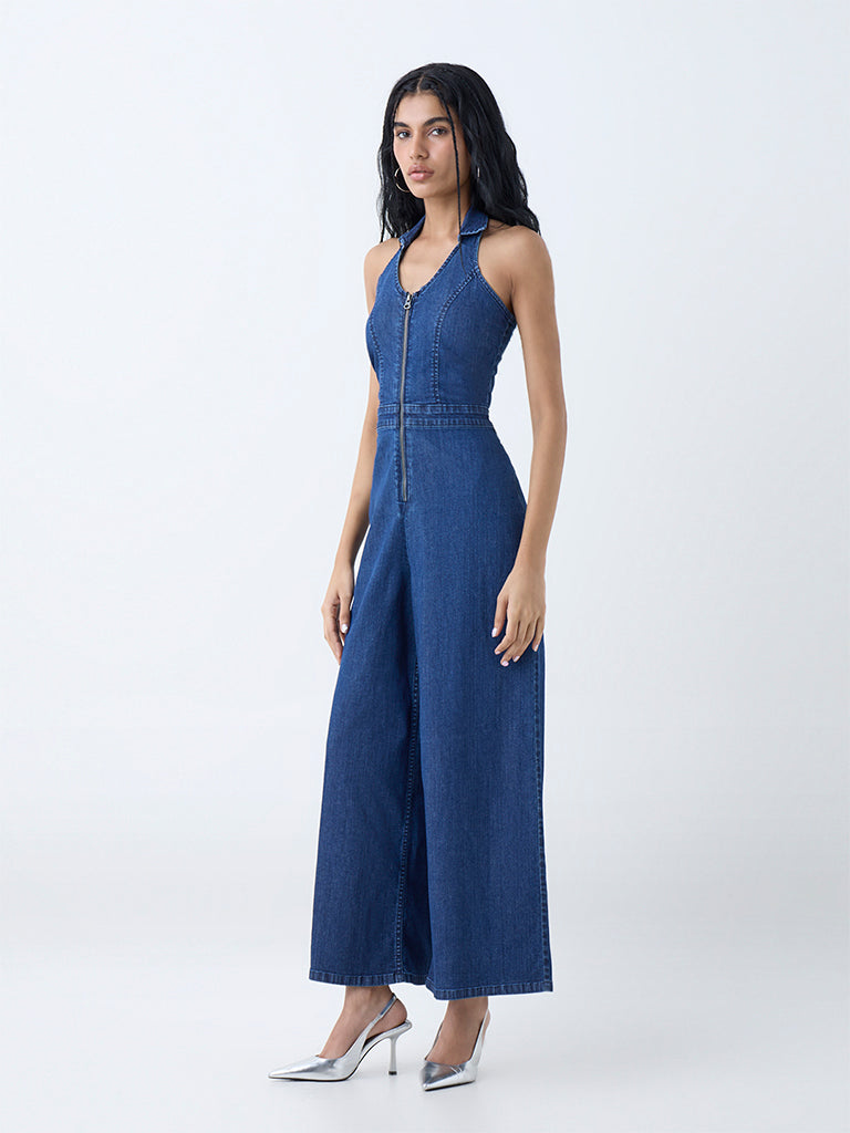 Buy Nuon Blue Solid Denim Jumpsuit from Westside