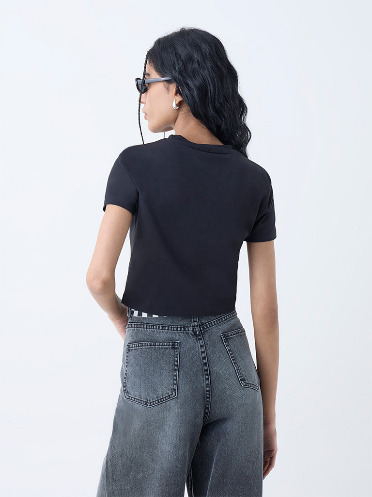 Westside Nuon Women's Black Solid Cotton-Blend T-Shirt for Casual Wear Back View