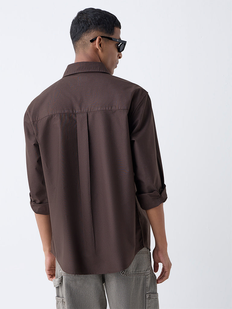 Nuon Dark Brown Solid Relaxed Fit Cotton Shirt