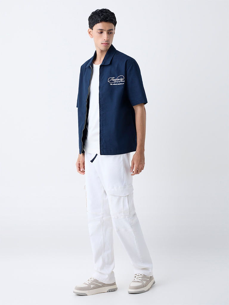 Buy Nuon Navy Text Embroidered Relaxed-Fit Cotton Jacket from Westside