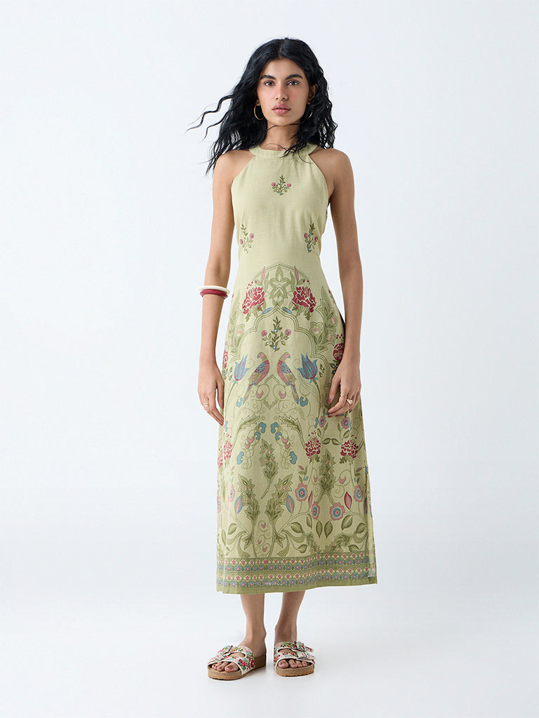 Westside Bombay Paisley Women's Sage Botanical Pattern Cotton A-Line Dress for Everyday Front view