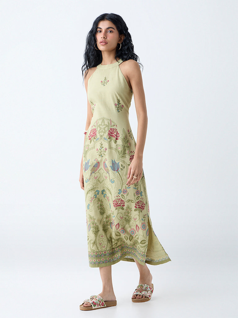 Westside Bombay Paisley Women's Sage Botanical Pattern Cotton A-Line Dress for Everyday Full View
