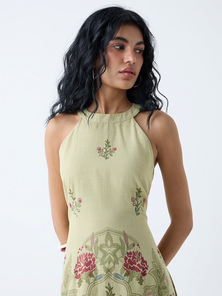 Westside Bombay Paisley Women's Sage Botanical Pattern Cotton A-Line Dress for Everyday Zoomed View
