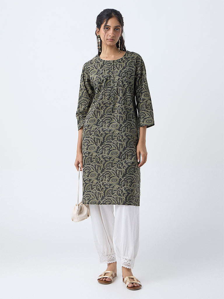 Utsa Dark Green Floral Design Straight Cotton Kurta