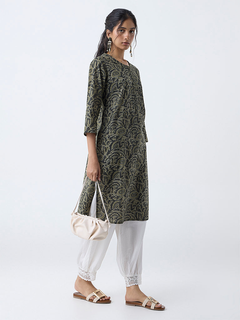 Utsa Dark Green Floral Design Straight Cotton Kurta