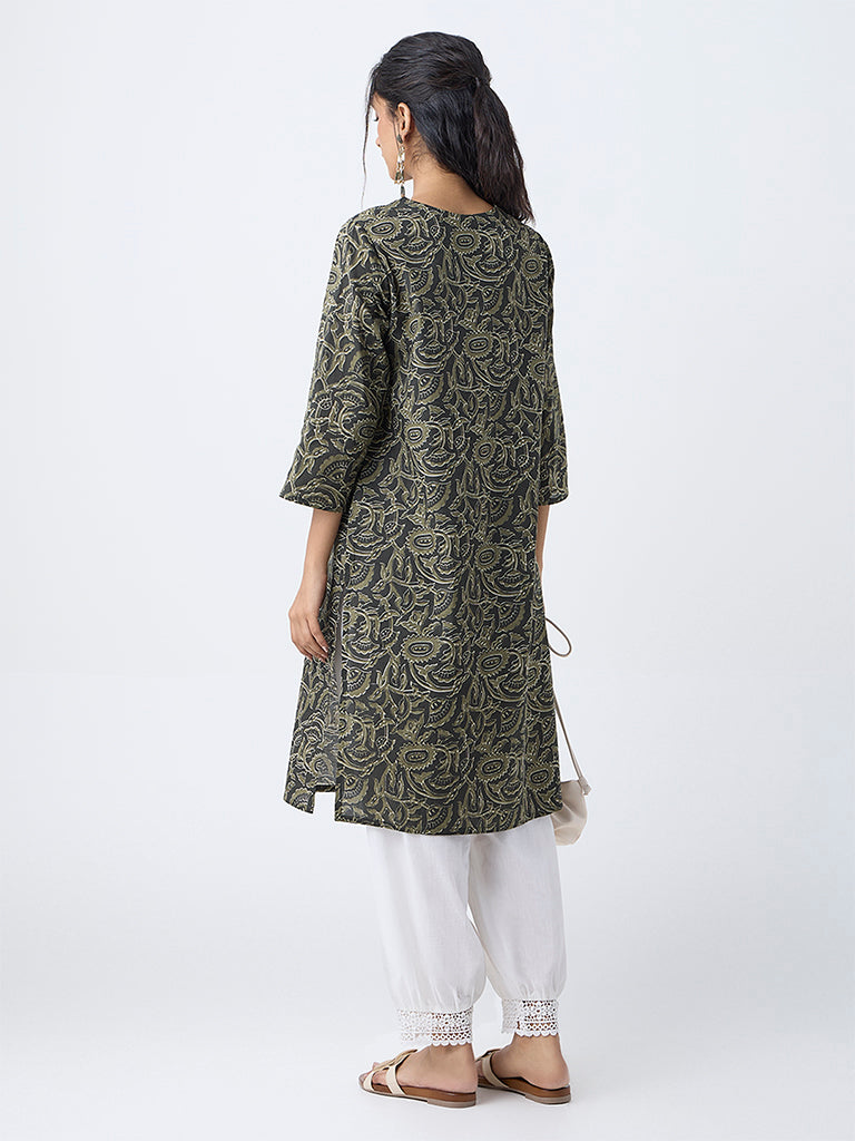 Utsa Dark Green Floral Design Straight Cotton Kurta