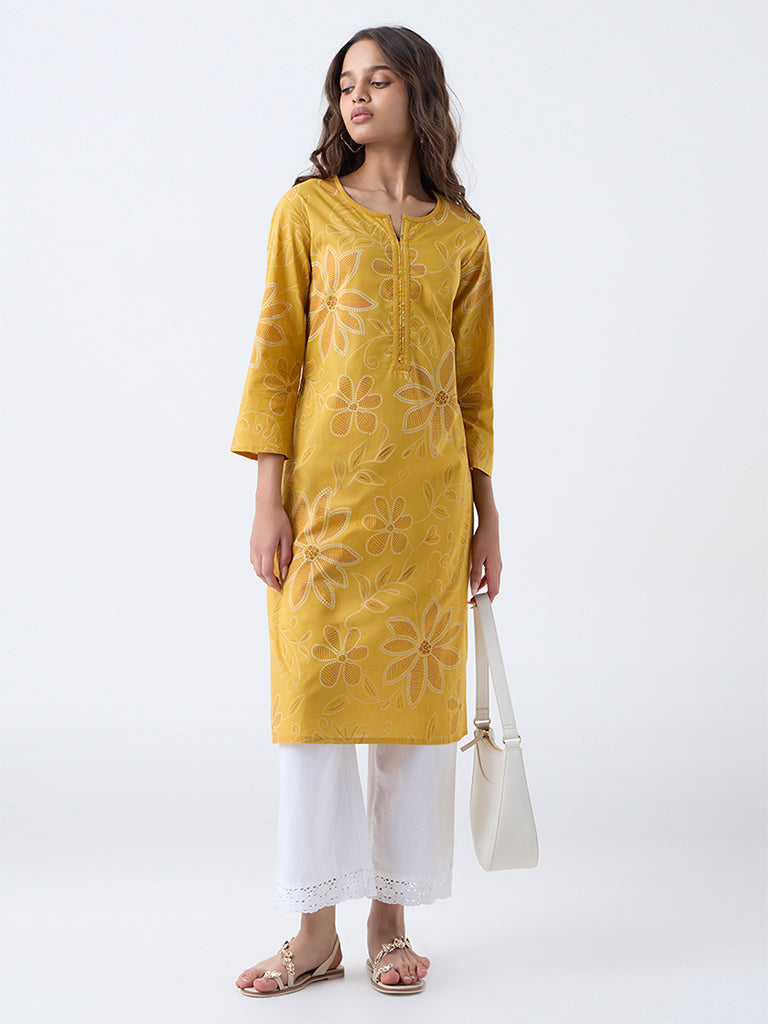 Utsa Mustard Floral Printed Cotton Straight Kurta