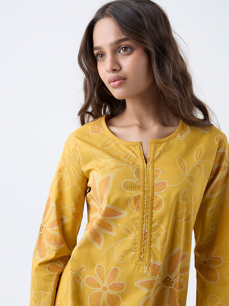 Utsa Mustard Floral Printed Cotton Straight Kurta