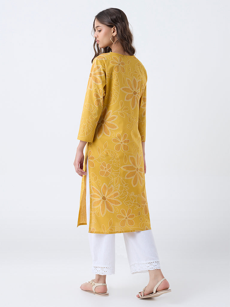 Utsa Mustard Floral Printed Cotton Straight Kurta