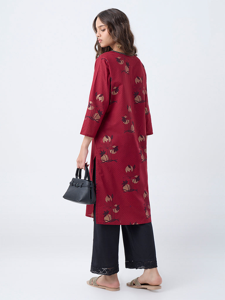 Utsa Maroon Floral Printed Cotton Straight Kurta