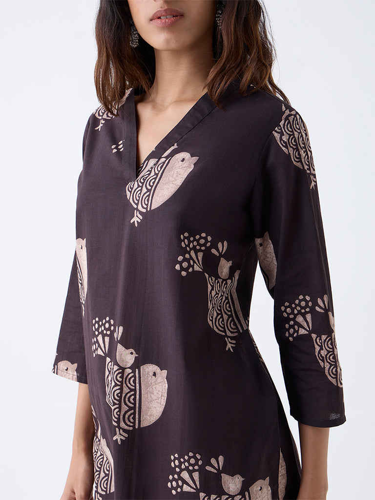 Utsa Dark Brown Printed Cotton Straight Kurta