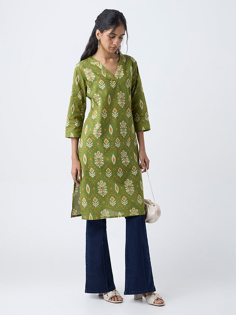 Utsa Green Ikat Pattern Straight Cotton Kurta