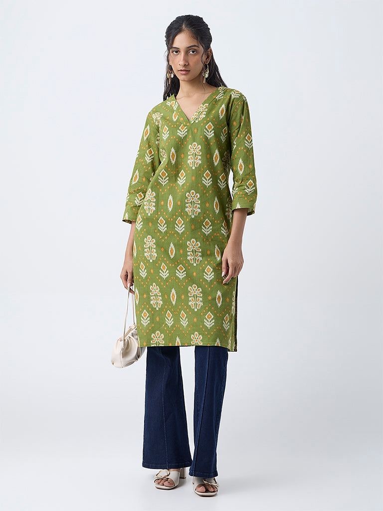 Utsa Green Ikat Pattern Straight Cotton Kurta