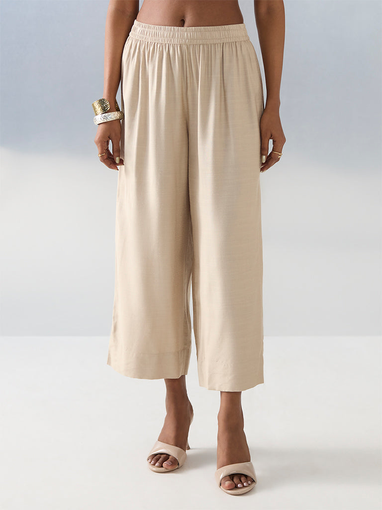 Zuba Beige Solid Ethnic Pants