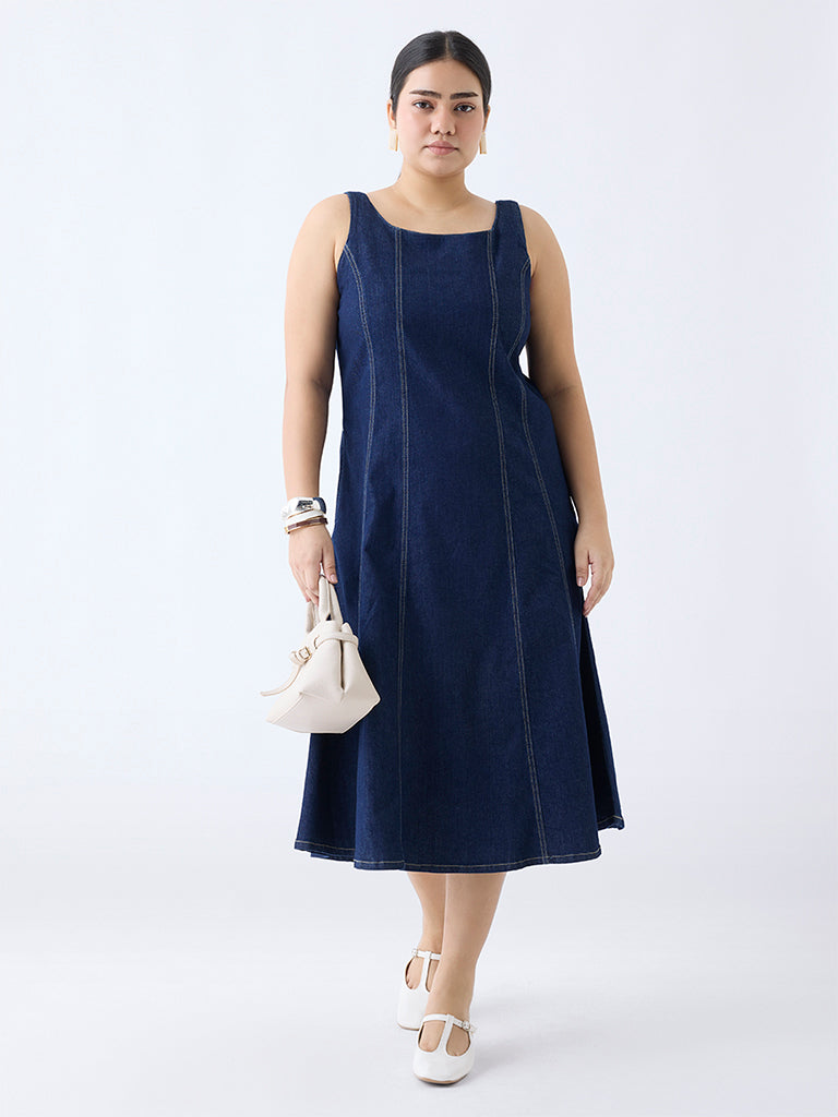 Westside Gia Women's Dark Blue Denim A-Line Dress for Casual Wear Front view