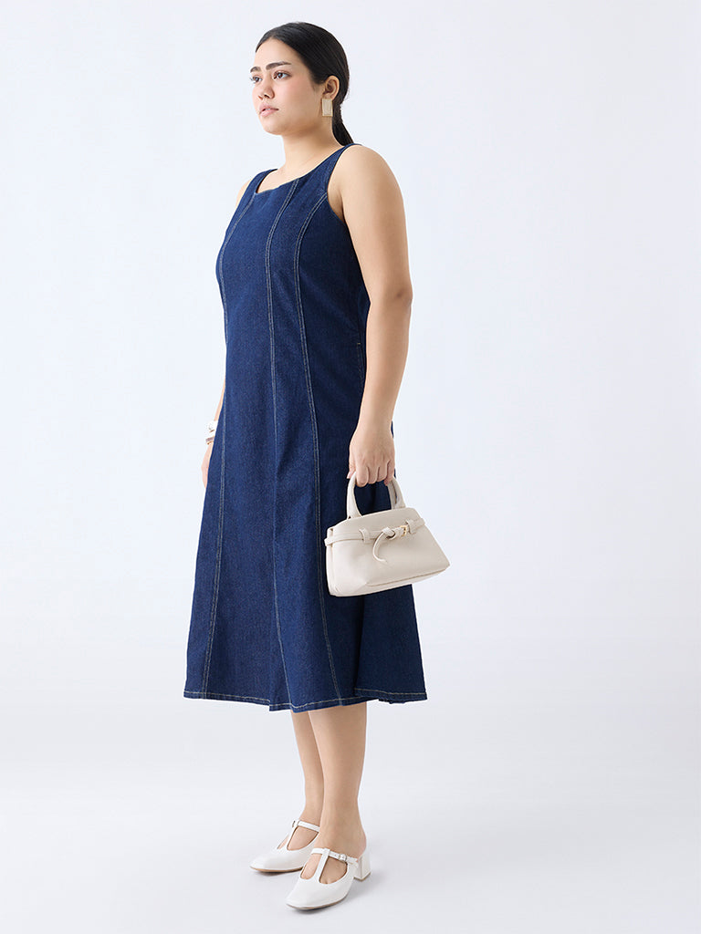 Westside Gia Women's Dark Blue Denim A-Line Dress for Casual Wear Full View