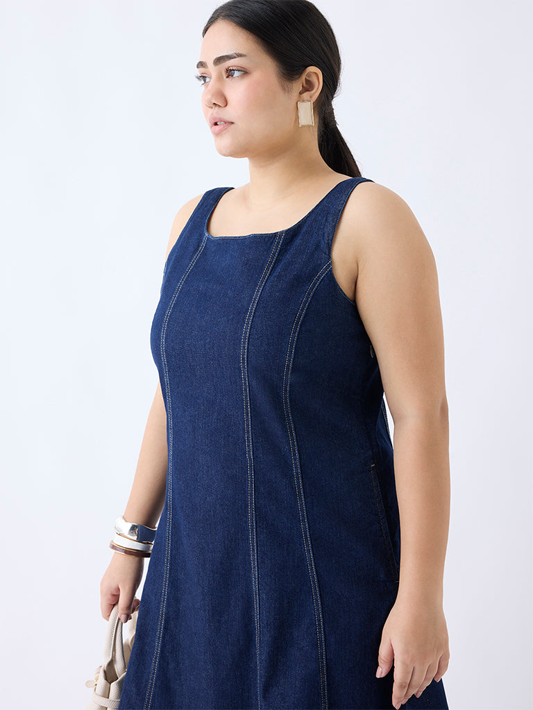 Westside Gia Women's Dark Blue Denim A-Line Dress for Casual Wear Zoomed View