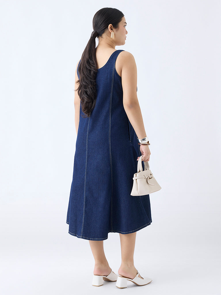 Westside Gia Women's Dark Blue Denim A-Line Dress for Casual Wear Back View