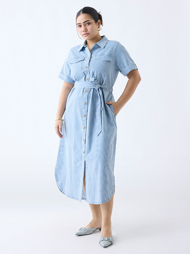 Westside Gia Women's Blue Striped Cotton-Blend Shirt Dress with Belt for Casual Wear Front view