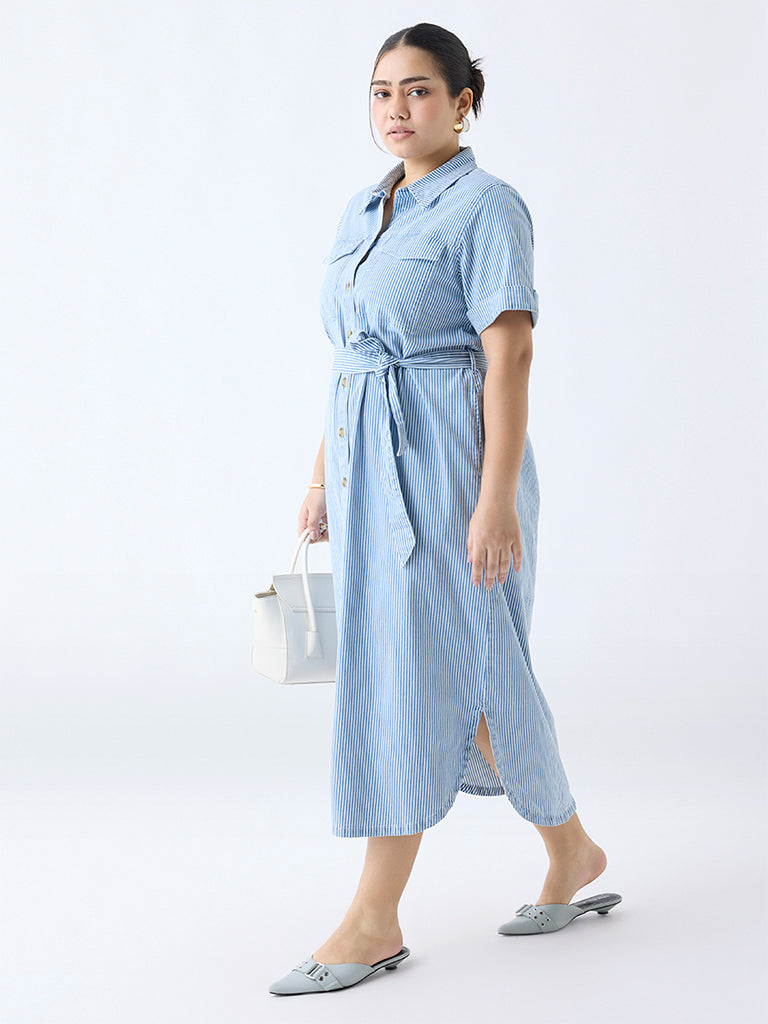 Westside Gia Women's Blue Striped Cotton-Blend Shirt Dress with Belt for Casual Wear Full View