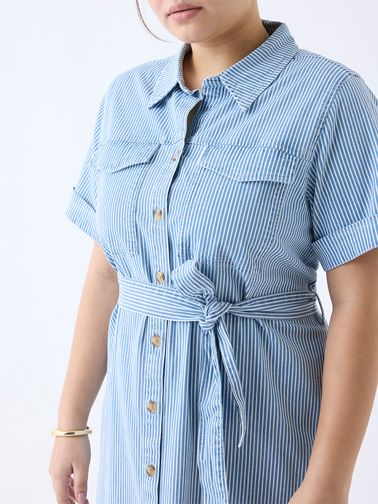 Westside Gia Women's Blue Striped Cotton-Blend Shirt Dress with Belt for Casual Wear Zoomed View