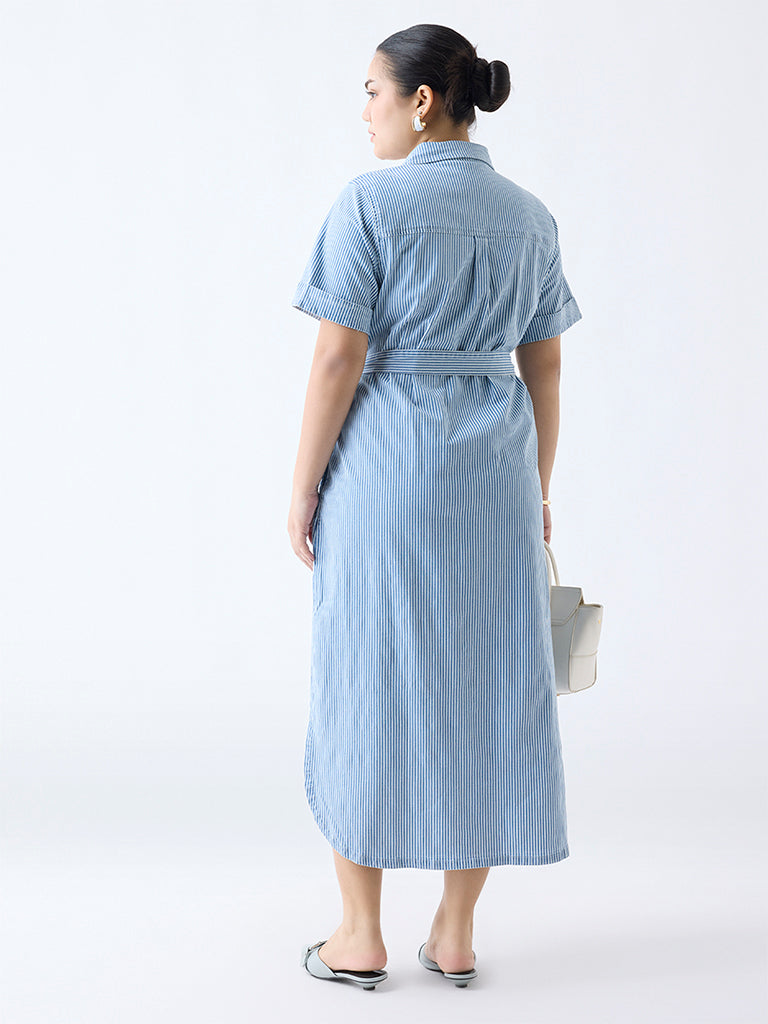 Westside Gia Women's Blue Striped Cotton-Blend Shirt Dress with Belt for Casual Wear Back View