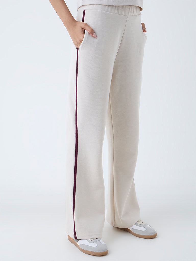 Studiofit Cream Striped High-Rise Pants