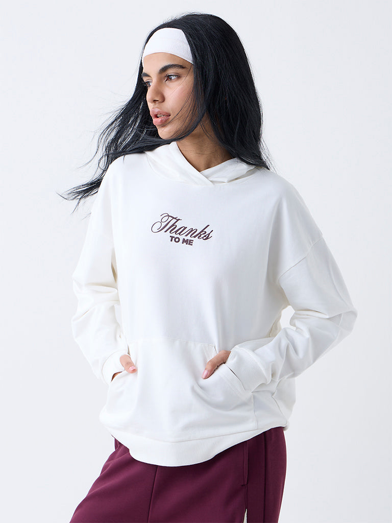 Buy Studiofit Off-White Text Design Cotton Hoodie from Westside